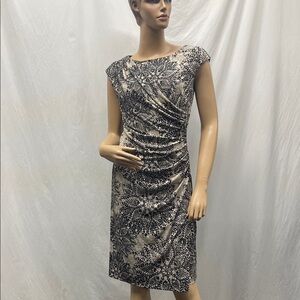 Connected Apparel Women's Black & Cream Lace Print Draping Sleeveless Dress